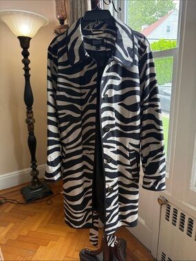 Dennis Basso Black & Cream Zebra Print Trench Coat - Size XL